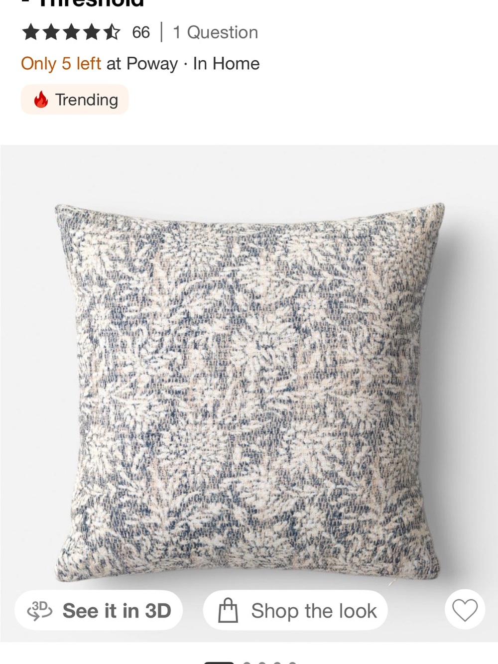 Threshold Blue and Cream Botanical Jacquard Accent Pillow- NWT